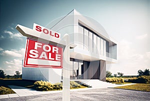 Sold Home For Sale Real Estate Sign in Front of Modern House - Generative AI