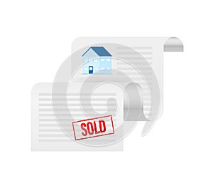 Sold house. Sold signboard. Business concept. Vector stock illustration.