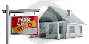 Sold for sale sign and house model isolated against white background. Real estate concept. 3d illustration