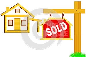 Sold sign board with post and home icon design