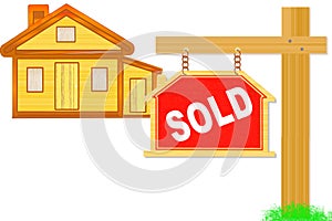 Sold sign board with post and home icon design