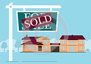 Sold sign in front of cute house in flat building style. background with blue pastel colors. country views with trees