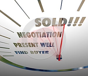 Sold Speedometer Words Negotiate Present Find Buyer Selling Process photo