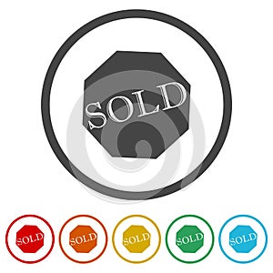 Sold sticker icon. Set icons in color circle buttons