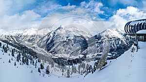 Solden ski resort valley panorama in winter, Solden, Austria, Europe