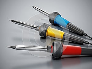 Soldering irons on gray surface. 3D illustration