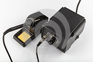 Soldering station, heating control regulator, with hot air gun and soldering iron. Isolated on a white background