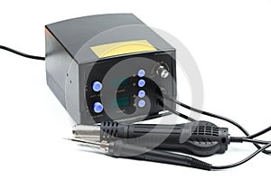 Soldering station with LED display, heating control regulator, with hot air gun and soldering iron. Isolated on a white background