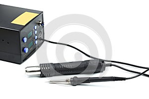 Soldering station with LED display, heating control regulator, with hot air gun and soldering iron. Isolated on a white background