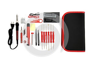 A soldering toolset in a black case isolated in a white background