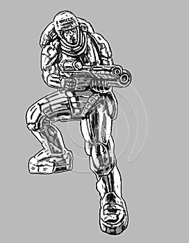 Soldier in armor suit with large rifle. Vector illustration.