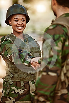 Soldier, army and man and woman with handshake in nature for service, protection and thank you. Camouflage, national
