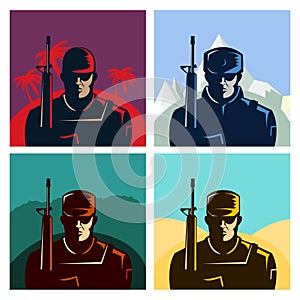Soldier badges or avatars set. Silhouette with rifle. Vector flat design. Marine in different countries.