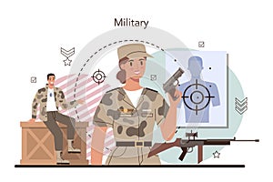 Soldier concept. Millitary force employee in camouflage with a weapon.