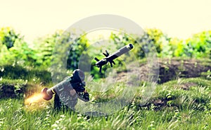 Soldier firing anti-tank missile at war