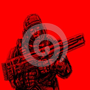 Soldier of the future. Front view. Red background