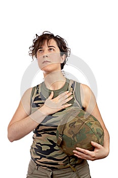 Soldier girl listening anthem