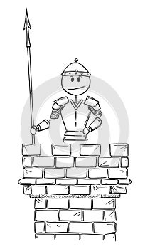 Soldier Guard Guarding on Castle Tower, Vector Cartoon Stick Figure Illustration