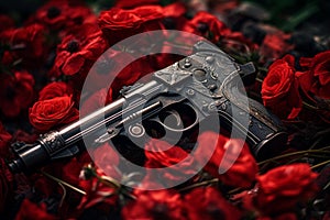 Soldier gun with poppy flower. Generate Ai