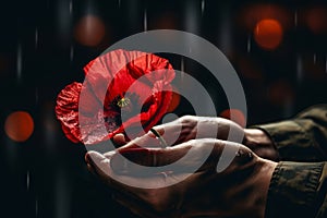 Soldier hands holding one wild red poppy flower. Remembrance Day, Armistice Day, Anzac day symbol