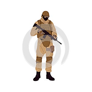 Soldier in helmet holds assault rifle. Combat man in military uniform with gun. Sharpshooter, shooter of army with