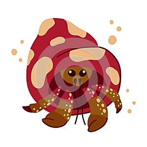 Soldier or hermit crab character. Cartoon hand drawn illustration of cute ocean animal. Red brown fantasy sea crayfish. Childish t