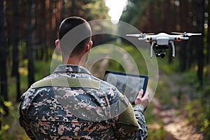 A soldier hold tablet in the field, operating drones. . A drone controller and camera visuals on a smartphone