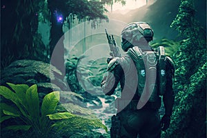 Soldier in jungle on alien planet, man with futuristic military equipment in forest, generative AI