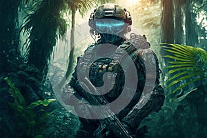 Soldier in jungle, man with futuristic military equipment in forest, generative AI