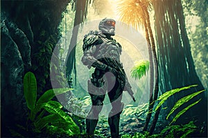 Soldier in jungle, man with futuristic military equipment in forest, generative AI