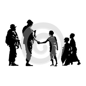 Soldier and kid handshake for piece