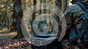 Soldier with Laptop in Forest.AI generated image