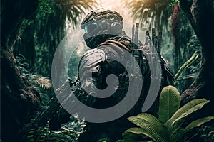 Soldier with military equipment in forest, warrior in futuristic helmet in jungle, generative AI