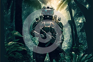 Soldier with military equipment in forest, warrior in futuristic mask in jungle, generative AI