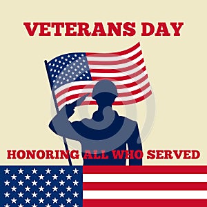 Soldier military salutation silhouette vector illustration with usa flag behind for happy veterans day poster background design