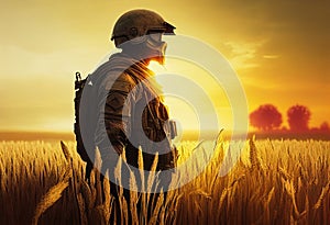 A soldier in military uniform stands among the golden spikelets of a wheat field at sunset