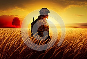 A soldier in military uniform stands among the golden spikelets of a wheat field at sunset. AI Generated