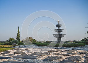 Soldier Monument in Japanese Garden with Stone Architecture, Lantern, Park Fountain