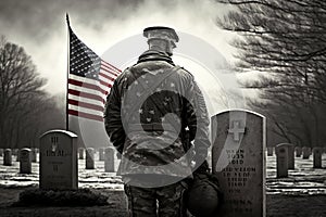 Soldier paying respects at a cemetery with an American flag. Memorial Day. AI