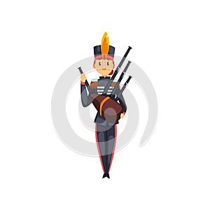 Soldier playing bagpipes, member of army military band with musical instrument vector Illustration on a white background