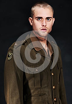 Soldier, portrait or man with ptsd, serious or surprised face with fear, terror and anxiety for mental health. Man, guy