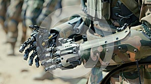 A soldier with a prosthetic arm uses his neuroprosthetic hand to safely handle explosives giving him back the skills photo