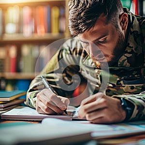Soldier with prosthetic arm writing crucial report among books and papers on table photo