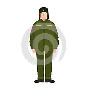 Soldier of Russian armed force wearing army winter uniform and fur hat. Military man, footman or infantryman isolated on photo