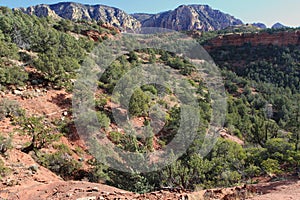 Soldier\'s Pass Trail through the Cococino National Forest with red sandstone and white limestone mountains of Sedona