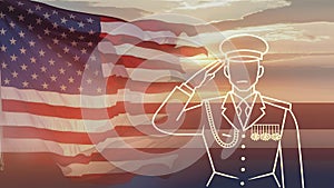 Soldier Saluting American flag in sunset sunrise time. Veterans Day USA Military soldier silhouettes. Happy Independence Day 4th
