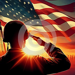 Soldier Saluting American flag in sunset sunrise time. Veterans Day USA Military soldier silhouettes. Happy Independence Day 4th