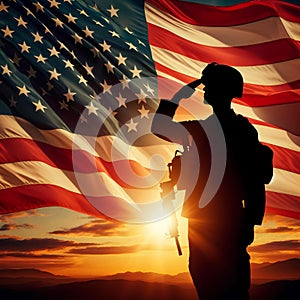 Soldier Saluting American flag in sunset sunrise time. Veterans Day USA Military soldier silhouettes. Happy Independence Day 4th