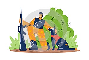 Soldier in the service or border guard with a service dog, flat vector isolated.