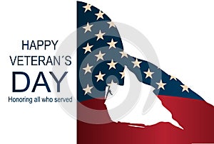 Soldier silhouette saluting the USA flag for memorial day. Happy veteran`s day poster or banners on November 11.